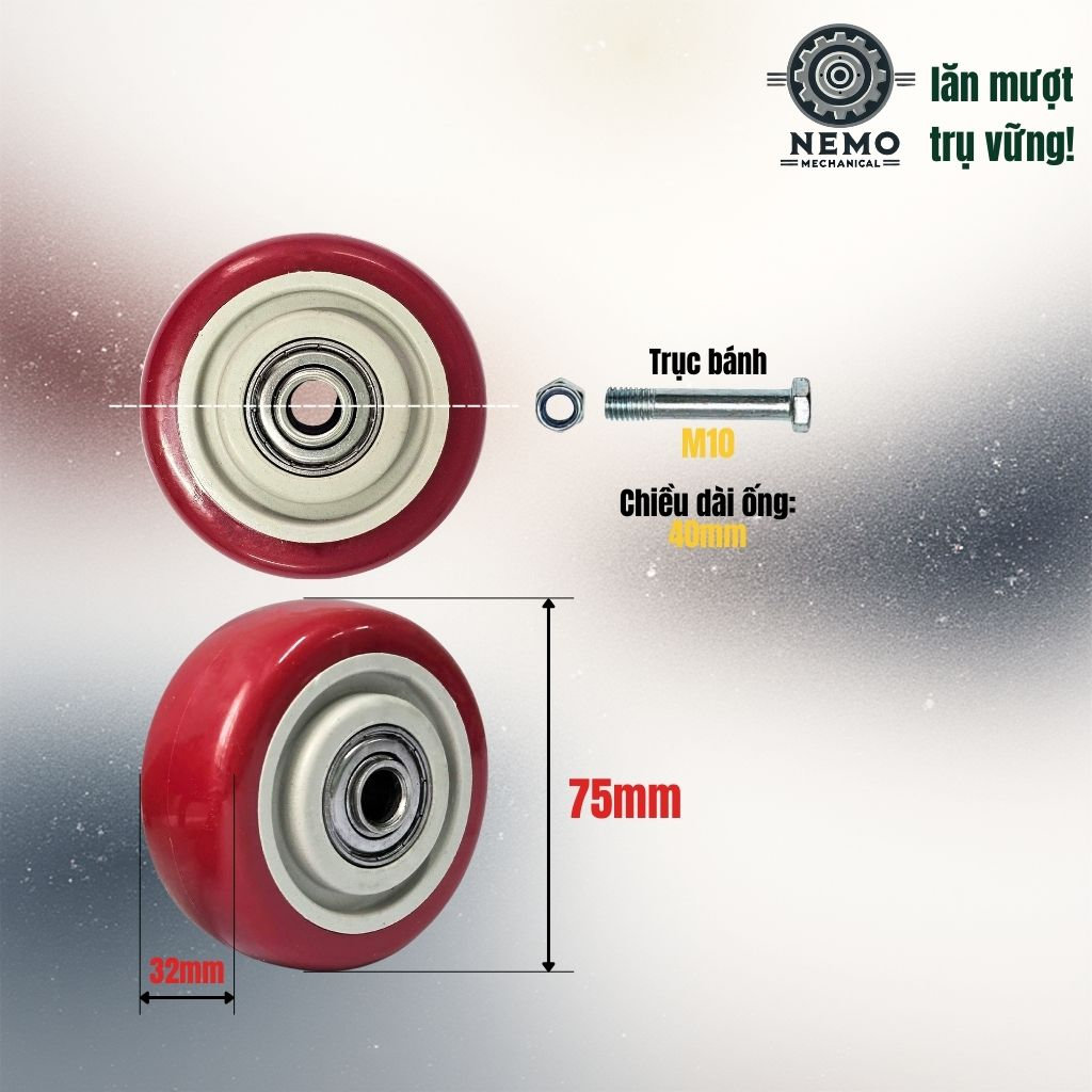 Bánh Xe Rời Đỏ Mận (Nhựa PVC) - Có Bạc Đạn, Chịu Tải Cao (D75, D100, D125)